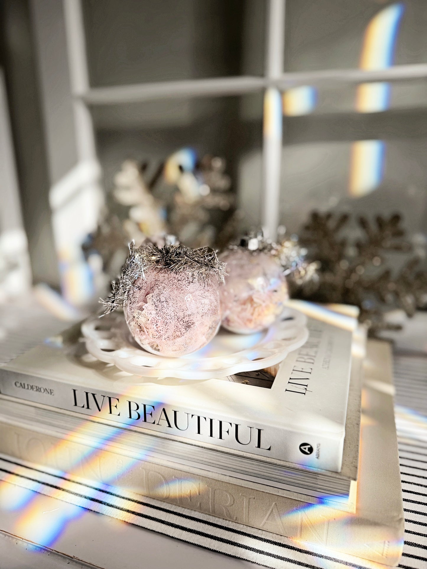Frosted Pink Tinsel Ornament – Glass Globe in Silver & Blush
