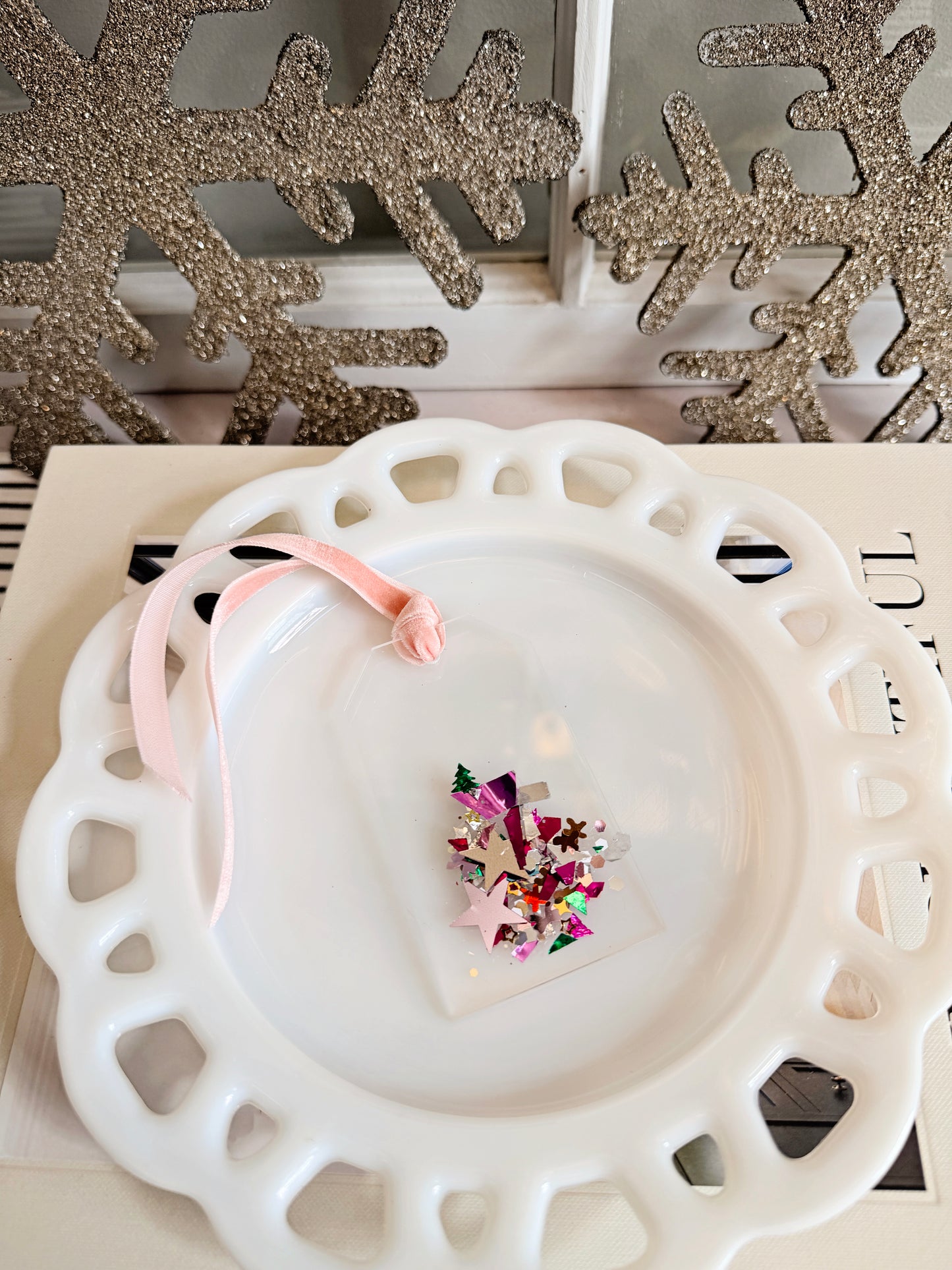 Mini Acrylic Tag with Holiday Confetti Sparkle & Pink Velvet Ribbon
