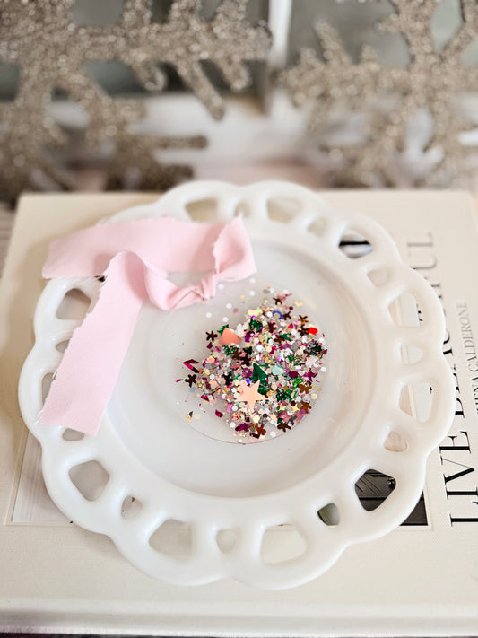 Acrylic Circle Tag with Holiday Sparkle & Pink Fabric Ribbon