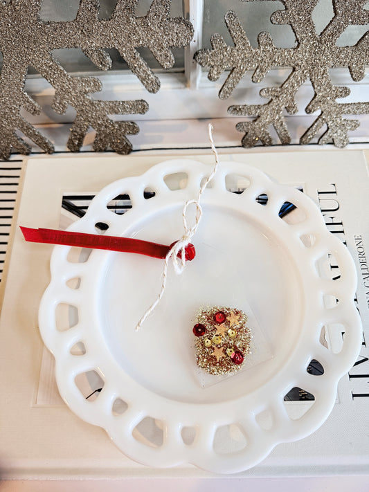 Mini Acrylic Gift Tag with Red Sequins & Gold Glitter