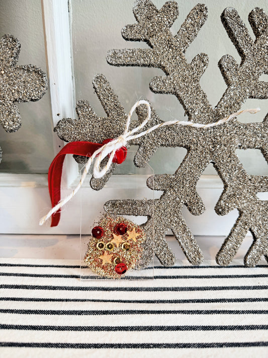 Mini Acrylic Gift Tag with Red Sequins & Gold Glitter