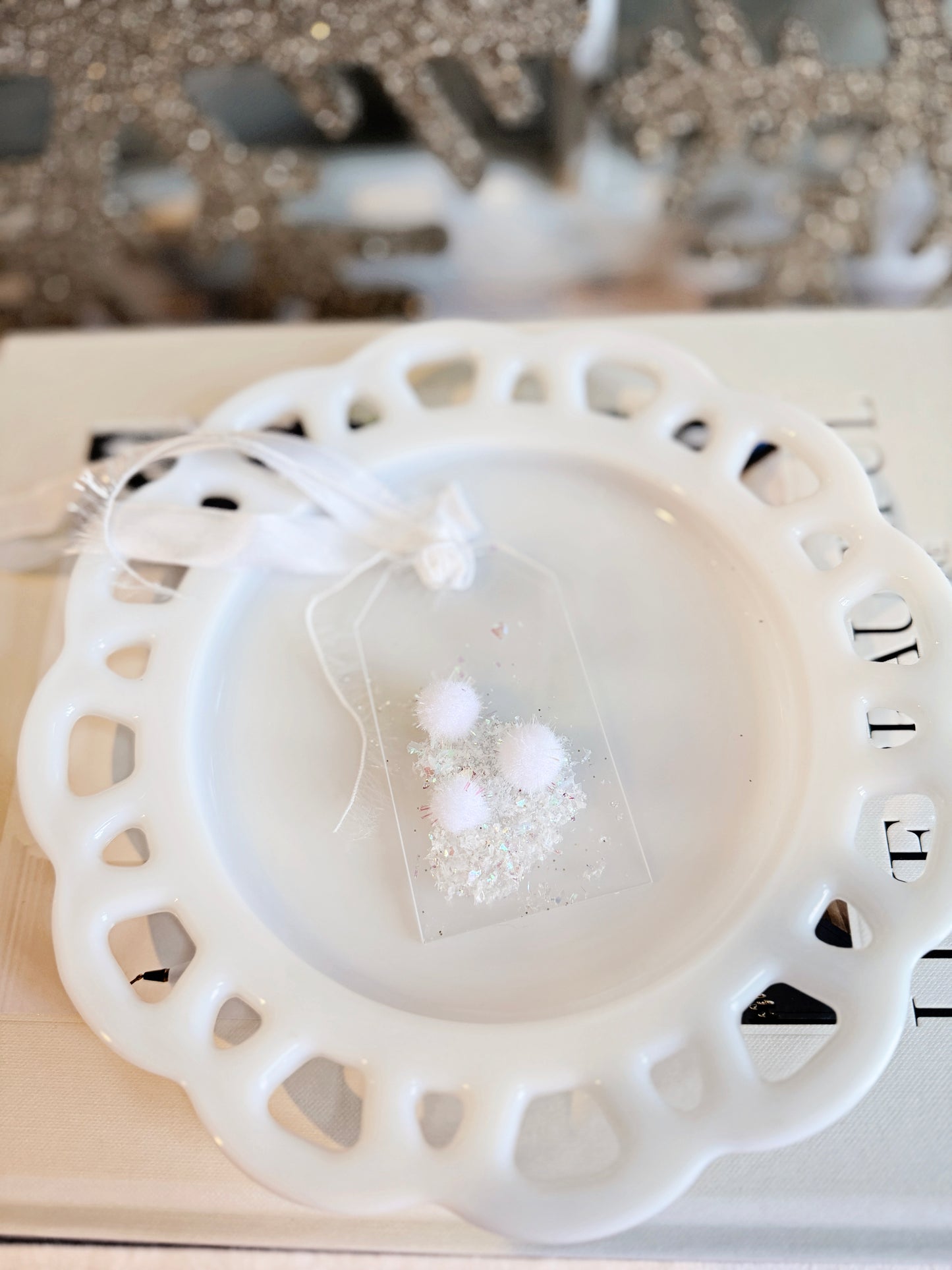 Mini Acrylic Holiday Tag with Snow Glitter & Pom Poms