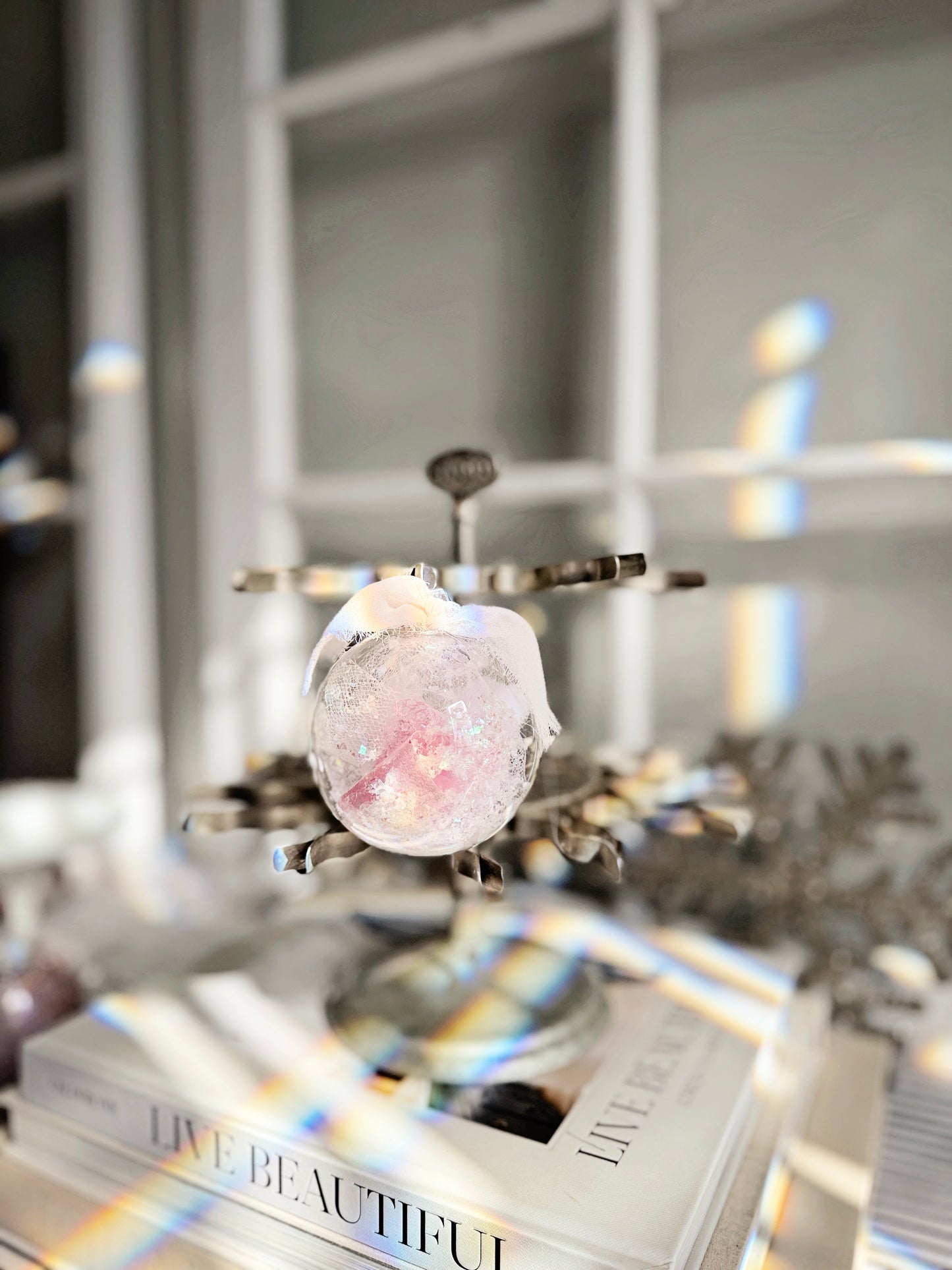 Frosted Pink Tinsel Ornament – Glass Globe in Silver & Blush