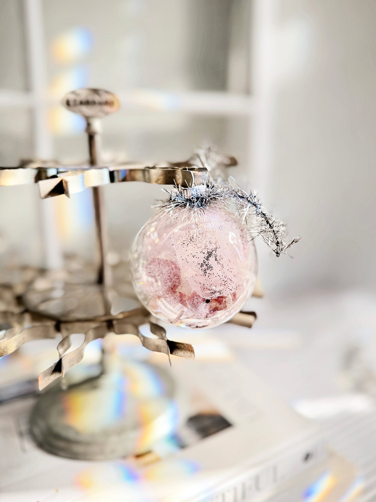Frosted Pink Tinsel Ornament – Glass Globe in Silver & Blush