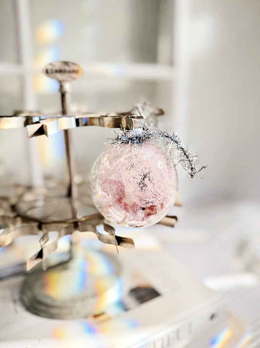 Frosted Pink Tinsel Ornament – Glass Globe in Silver & Blush