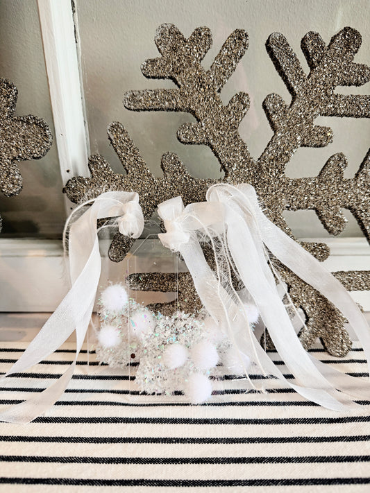 Mini Acrylic Holiday Tag with Snow Glitter & Pom Poms