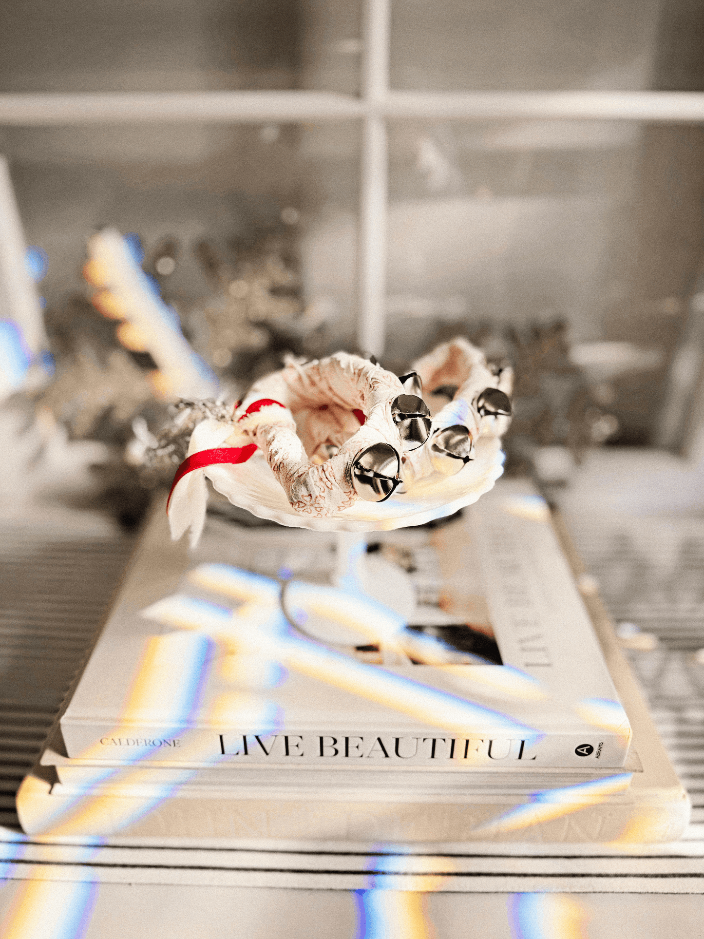 Heirloom Hand-Tied Jingle Bell Ring – Vintage French Linen & Silver Tinsel