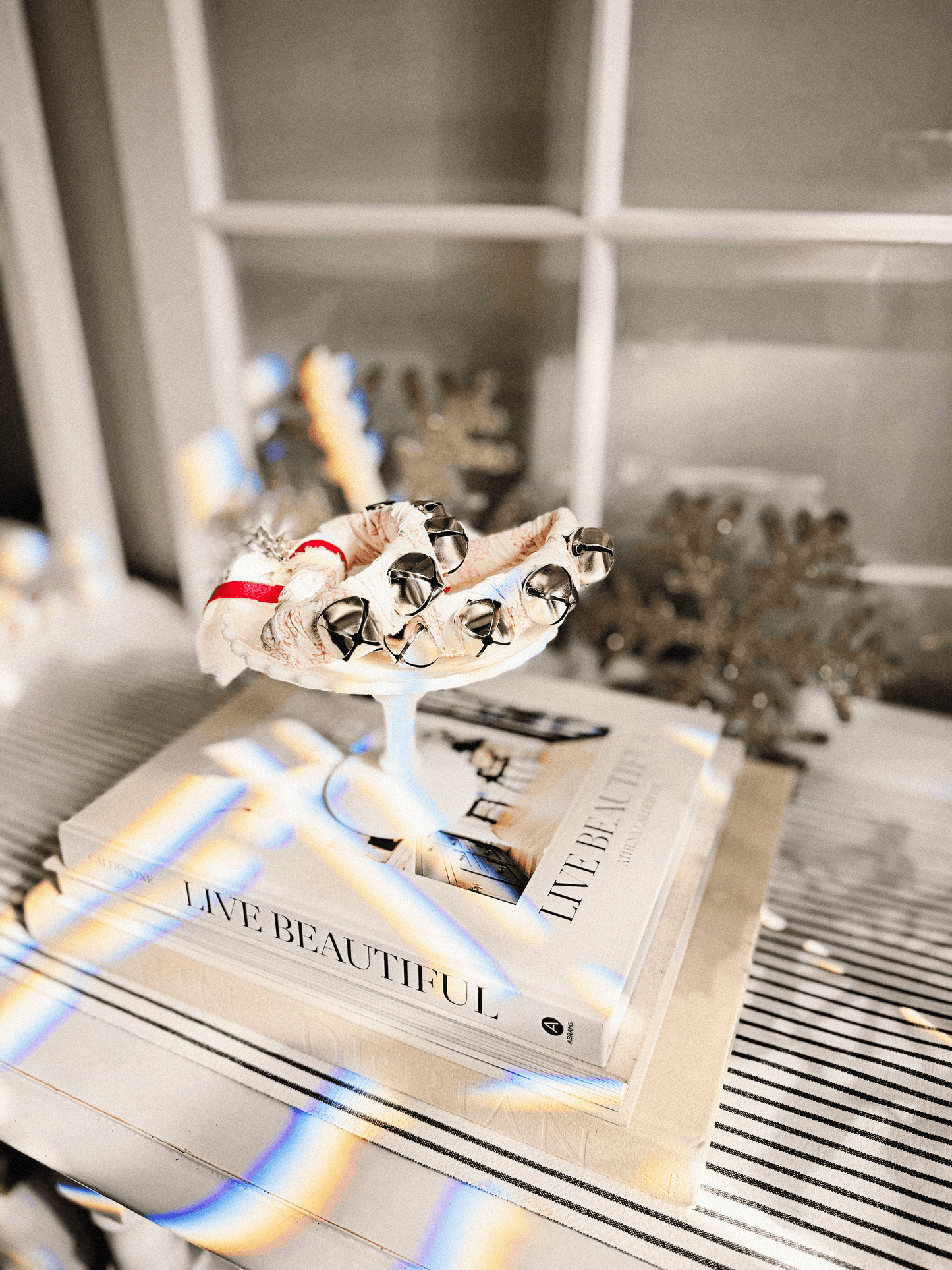 Heirloom Hand-Tied Jingle Bell Ring – Vintage French Linen & Silver Tinsel