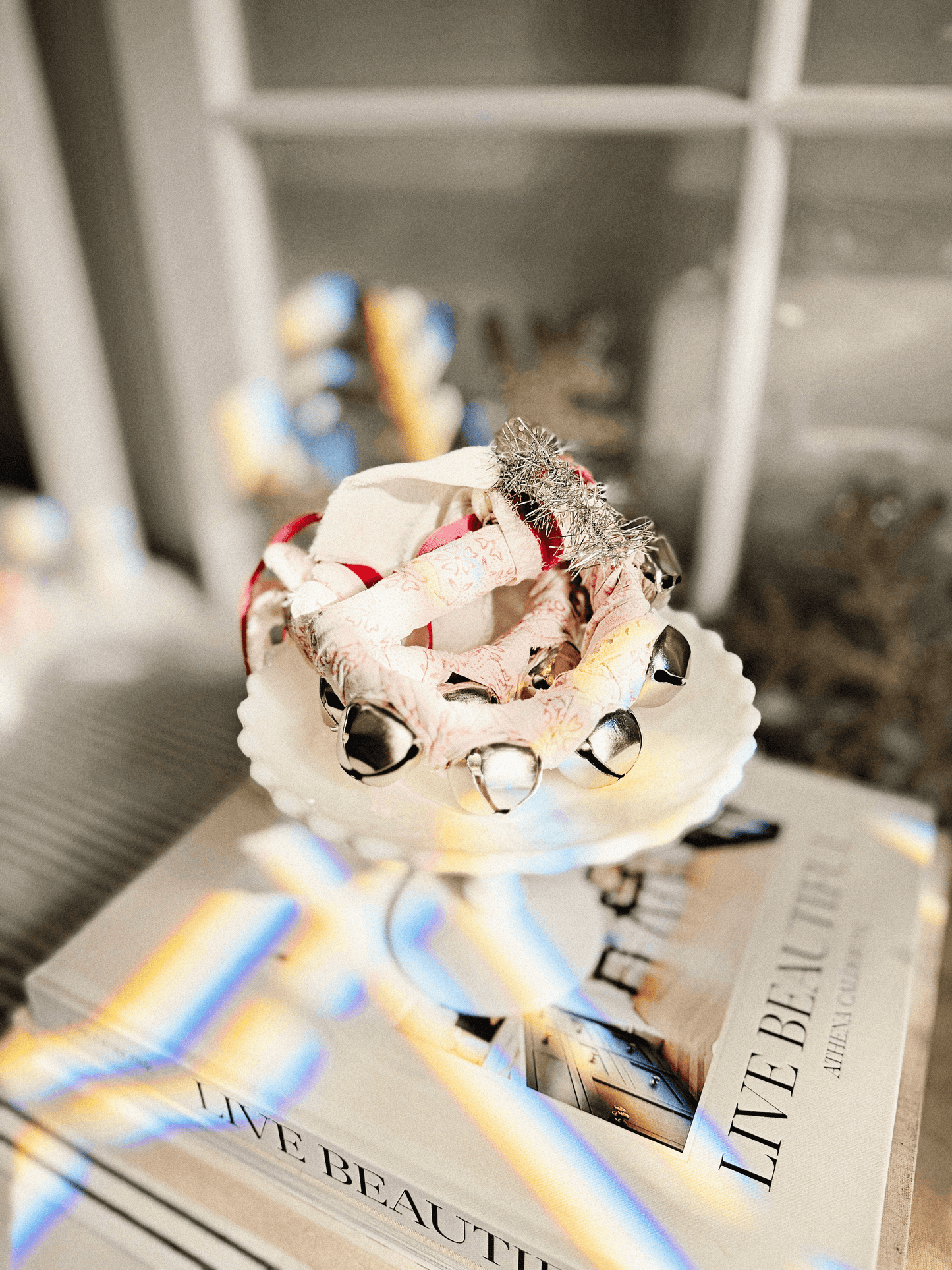 Heirloom Hand-Tied Jingle Bell Ring – Vintage French Linen & Silver Tinsel