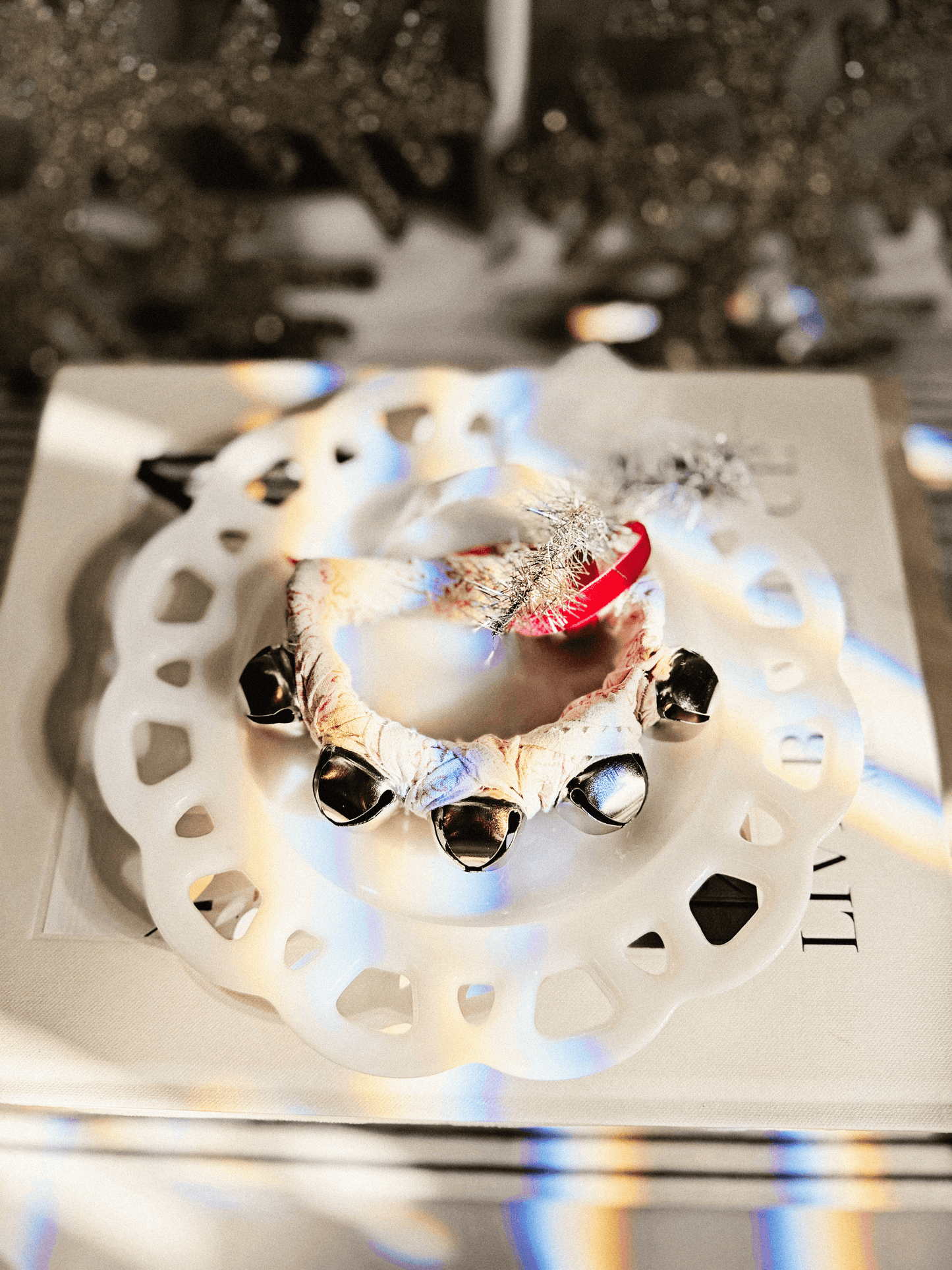 Heirloom Hand-Tied Jingle Bell Ring – Vintage French Linen & Silver Tinsel