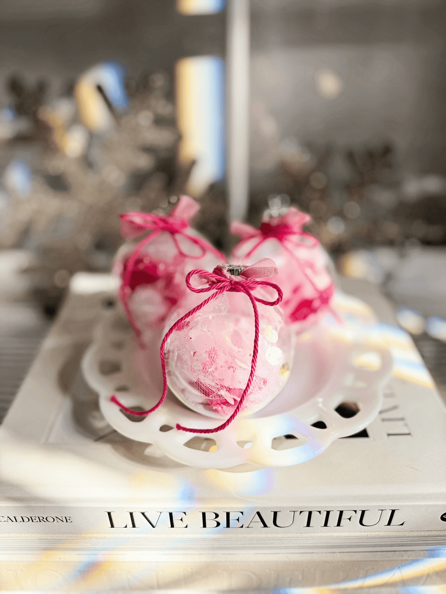 Sugarplum Dream Ornament – Glass Globe in Pink & Gold