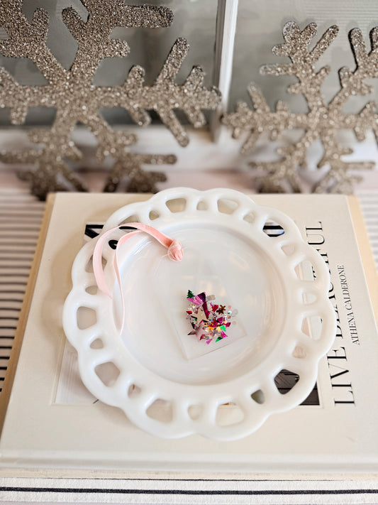 Mini Acrylic Tag with Holiday Confetti Sparkle & Pink Velvet Ribbon