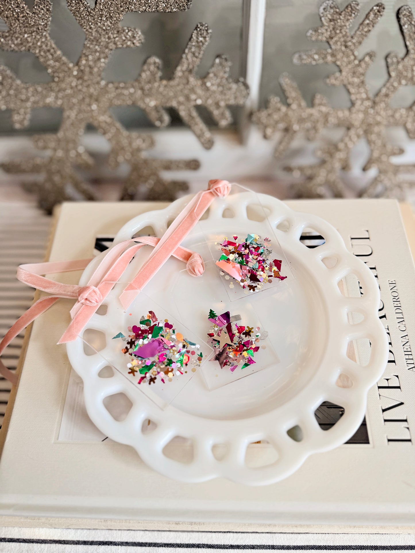 Mini Acrylic Tag with Holiday Confetti Sparkle & Pink Velvet Ribbon