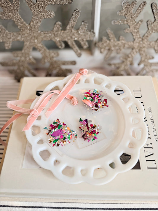 Mini Acrylic Tag with Holiday Confetti Sparkle & Pink Velvet Ribbon